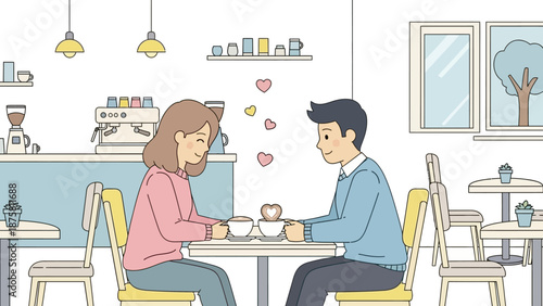 A cute cartoon illustration depicting a couple enjoying a romantic Valentine's Day date at a cozy cafe, showcasing their love and affection
