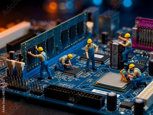 A close-up image of a blue computer motherboard features miniature workers posed as if repairing the electronic components.