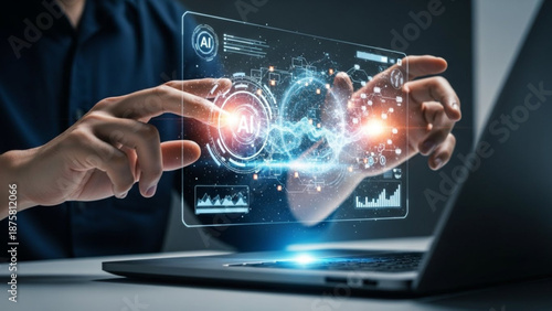 Person interacting with futuristic AI interface on laptop screen