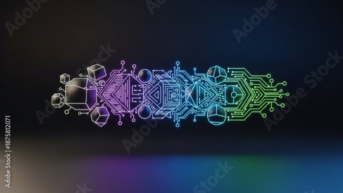 Vibrant circuit board design with neon colors and geometric shapes