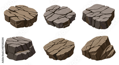 Collection of six various cracked and weathered stone platforms or boulders in different shapes and brown colors.