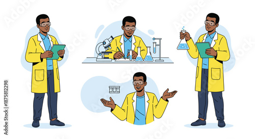 Various poses of a male scientist in a yellow lab coat conducting research with test tubes and a microscope.