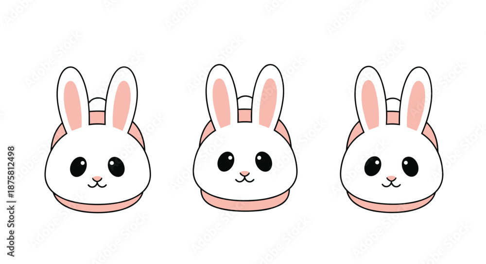 Fototapeta premium Three adorable white rabbit cartoon faces with pink ears and friendly expressions arranged in a simple horizontal row for kids.