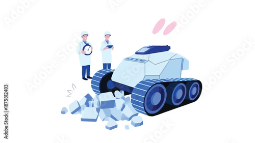 Engineers operating robotic excavator in modern industrial setting