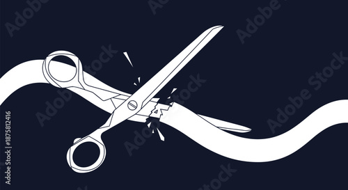 Stylized illustration of silver scissors cutting through a flowing white ribbon against a dark background, symbolizing a grand opening or start.
