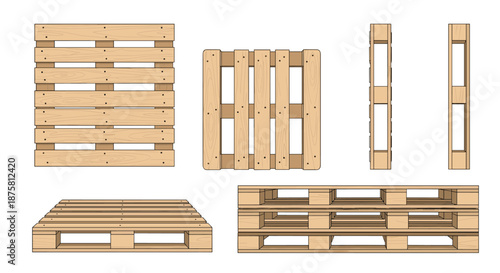 Multiple perspectives of industrial wooden pallets including top, front, and side views for warehouse and shipping logistics themes.