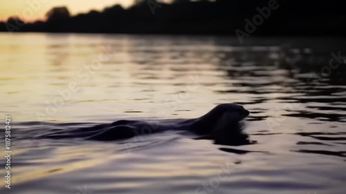 Wallpaper Mural Silhouette of swimming otter in river at sunset, water reflections, nature wildlife. Torontodigital.ca
