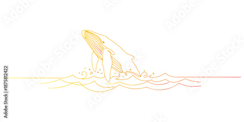 Continuous one line of a whale diving into the ocean waves, animal world and wildlife, drawn vector illustration.