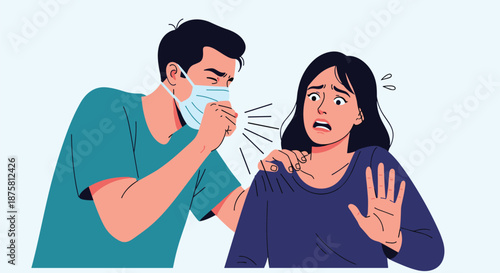 Man wearing a medical face mask coughing while standing close to a concerned woman who is gesturing for him to keep his distance.