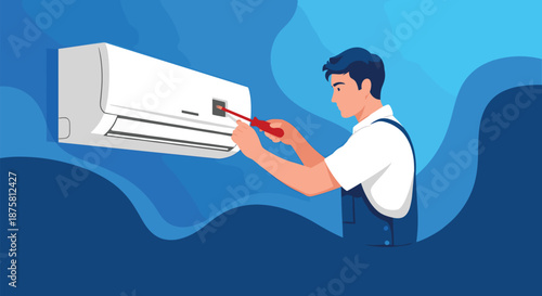 Male technician in blue overalls using a screwdriver to repair a white wall-mounted air conditioning unit on a blue abstract background.