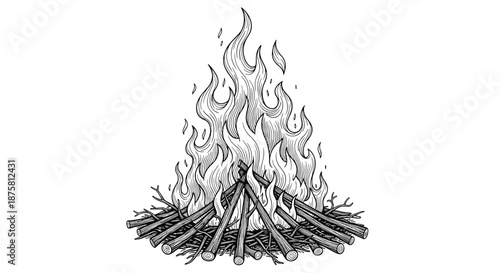 Detailed black and white ink drawing of a large campfire with crackling flames and a pile of burning logs for outdoor and camping themes.