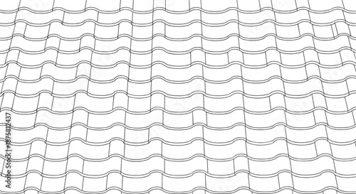 Architectural line drawing showing a perspective view of interlocking wavy roof tiles arranged in a repetitive grid pattern for building design.