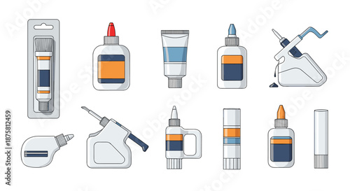 Extensive set of various adhesive products including glue tubes, sticks, application guns, and bottles for different repair and craft purposes.