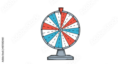Hand-drawn colorful wheel of fortune game with red, white, and blue segments on a metal stand for carnival and game show themes.