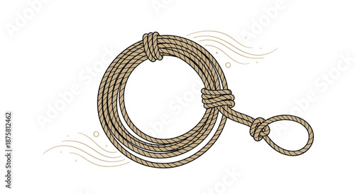 Detailed illustration of a coiled brown rope with a lasso loop at the end, stylized with decorative wind lines for a western or nautical theme.