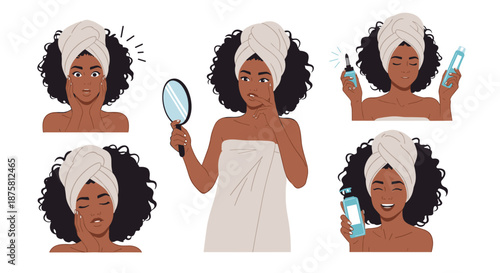 Black woman with a white towel wrapped around her head shown in different stages of a facial skincare and beauty routine.