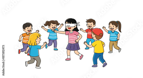 Happy group of young children playing a traditional game of blind man's bluff in a fun and active outdoor setting.