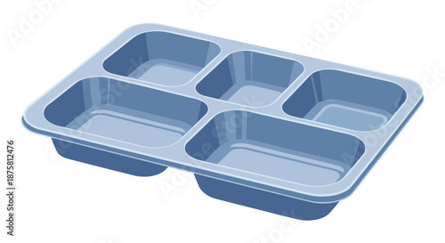 Simple blue plastic meal tray featuring five separate compartments for different food items, commonly used in cafeterias and schools.