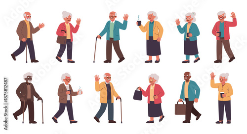 Senior men and women in various poses such as walking with canes, holding coffee mugs, and waving hello in a diverse flat character set.