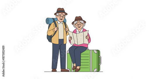 Happy senior couple in outdoor gear preparing for a travel adventure with a map, backpack, and a large green suitcase.