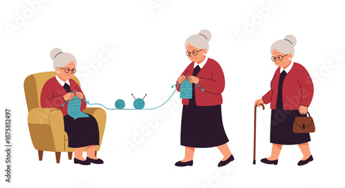 Series of illustrations showing an elderly woman sitting and knitting, then walking while knitting, and finally walking with a cane.
