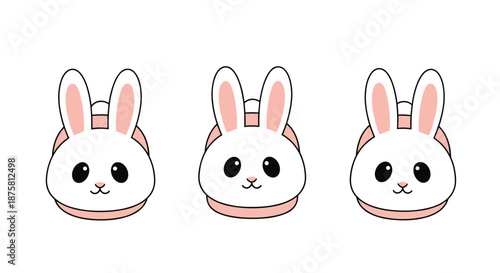 Three adorable white rabbit cartoon faces with pink ears and friendly expressions arranged in a simple horizontal row for kids.