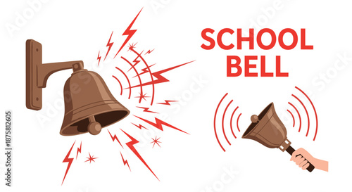 Graphic illustrations of a classic wall mounted school bell ringing loudly and a hand bell being used for various notifications.