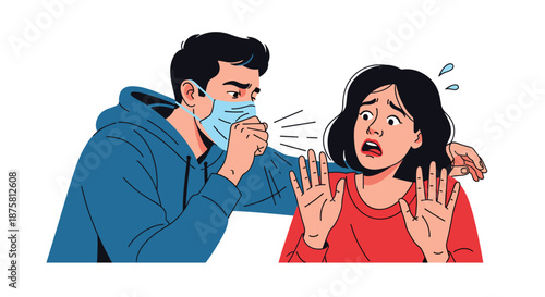 Concerned woman gesturing to a man wearing a face mask while he is coughing to represent social distancing and health safety.