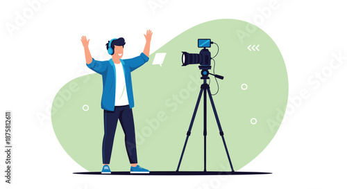Content creator recording a video presentation using a professional camera and tripod in a modern studio or home workspace.