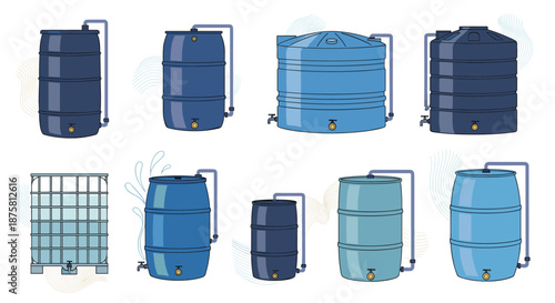 Industrial liquid storage solution showing different types of blue water tanks, barrels, and an IBC container module.