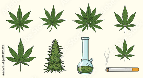 Cannabis collection featuring various green marijuana leaves, a glass bong, medicinal bud, and a hand-rolled cigarette.
