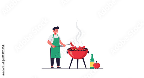 Happy man in a green apron grilling sausages on a classic red barbecue cooker during an outdoor family summer picnic.