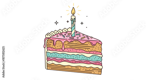 Delicious slice of multi-layered birthday cake decorated with pink frosting, colorful sprinkles, and a single candle.