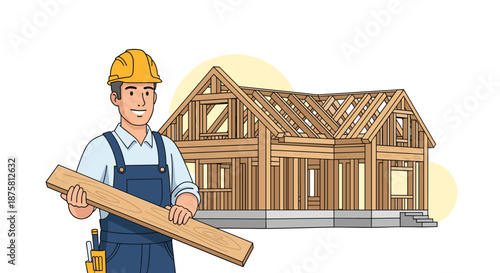 Professional carpenter in a hard hat holding a large wooden board in front of a residential house frame construction.