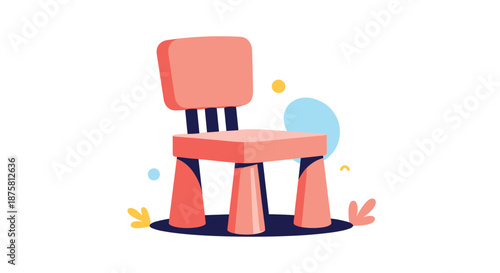 Simple pink plastic chair for children displayed on a clean background with colorful decorative geometric elements.
