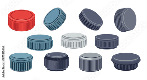 Comprehensive set of various plastic bottle caps in different colors and sizes for beverage packaging design needs.
