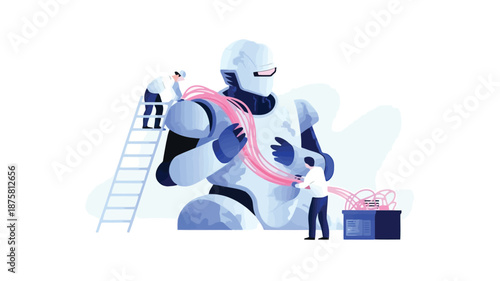Technician repairing large robot with pink wires and ladder