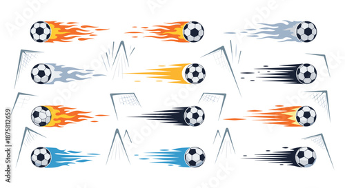 Soccer balls flying through the air with various colorful flame and speed trails to represent power and fast motion.