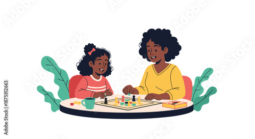Mother and her young daughter sitting at a table together while enjoying a fun board game session in a cozy home.