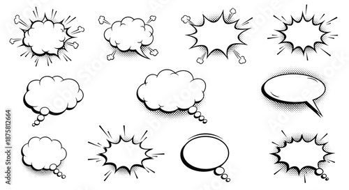 Comic book style speech and thought bubbles set with halftone patterns and various shapes for creative storytelling.