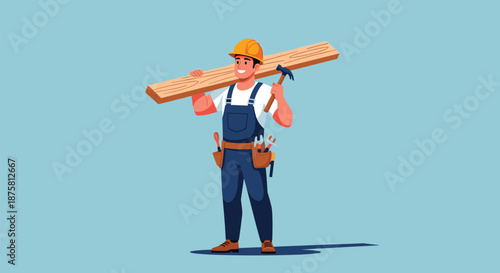 Cheerful construction worker character carrying a wooden beam and a hammer while wearing a blue overall and a helmet.