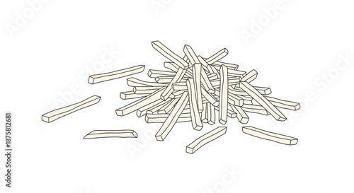 Large appetizing pile of golden brown french fries scattered on a plain white background for fast food marketing.
