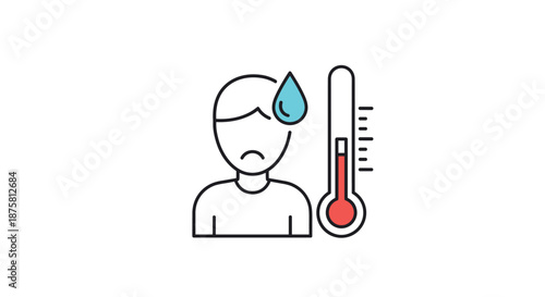 Medical health icon showing a sick person with a headache and a thermometer indicating a very high body temperature.