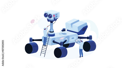 Technicians servicing a futuristic robotic rover vehicle