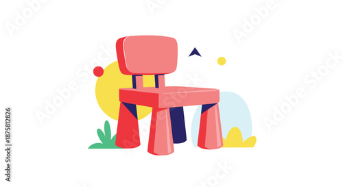 Small pink plastic chair for a child shown in a 3D perspective with colorful abstract background shapes and dots.