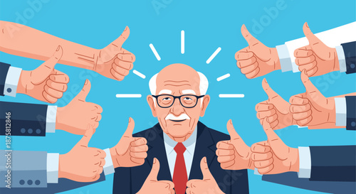 Senior businessman in a suit with glasses and a white beard is receiving many thumbs up gestures from people on a bright blue background.