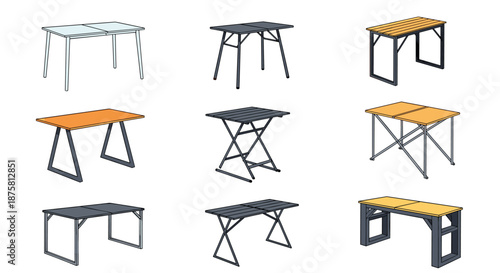 Collection of nine different folding and camping tables shows various designs for outdoor use, including wooden tops and metal frames.