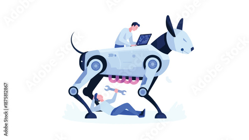 Robot donkey with men working on laptop and repairing