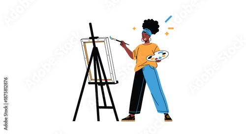 Young black woman artist with an afro hairstyle is wearing a yellow shirt and two-tone pants while painting on a canvas with a palette.