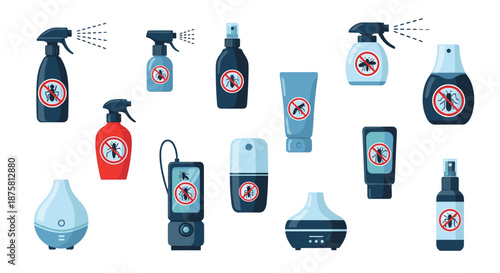 Insect repellent products including sprays, creams, and electronic diffusers are displayed with a red crossed-out bug symbol on their labels.